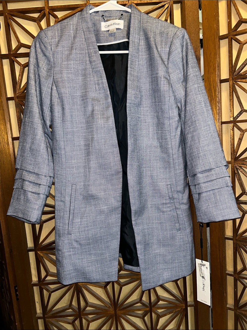 Calvin Klein Light Blue Heathered collarless Open-Front Blazer 6P NWT